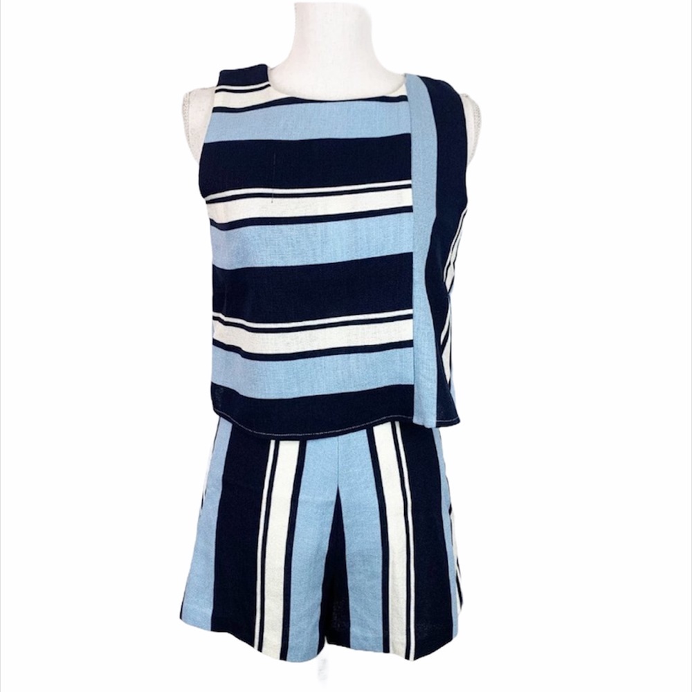 JOA Romper Shorts Women Small Blue Striped Sleeveless Open Cross Strap Back